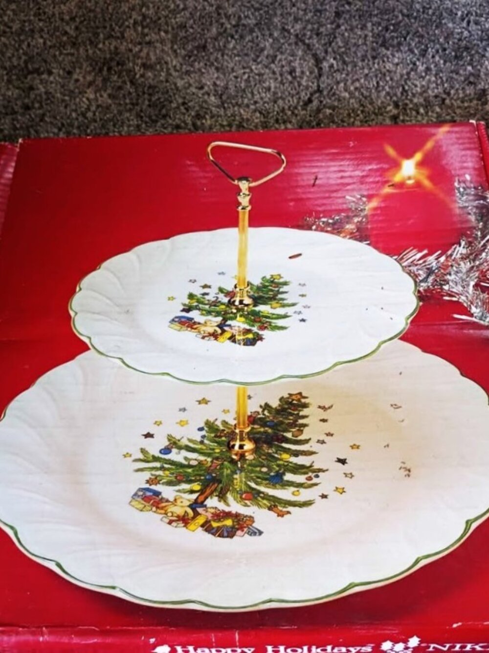 NIB Vintage Nikko Happy Holidays 2 Tiered Serving Tray Japan